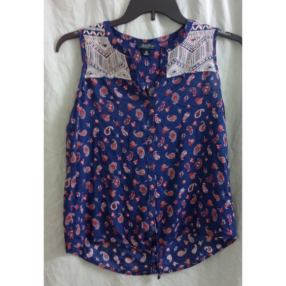 Lucky Brand Tops - Lucky Brand Womens Navy Blue Paisley Sleeveless Button Front Tie Hem Blouse M